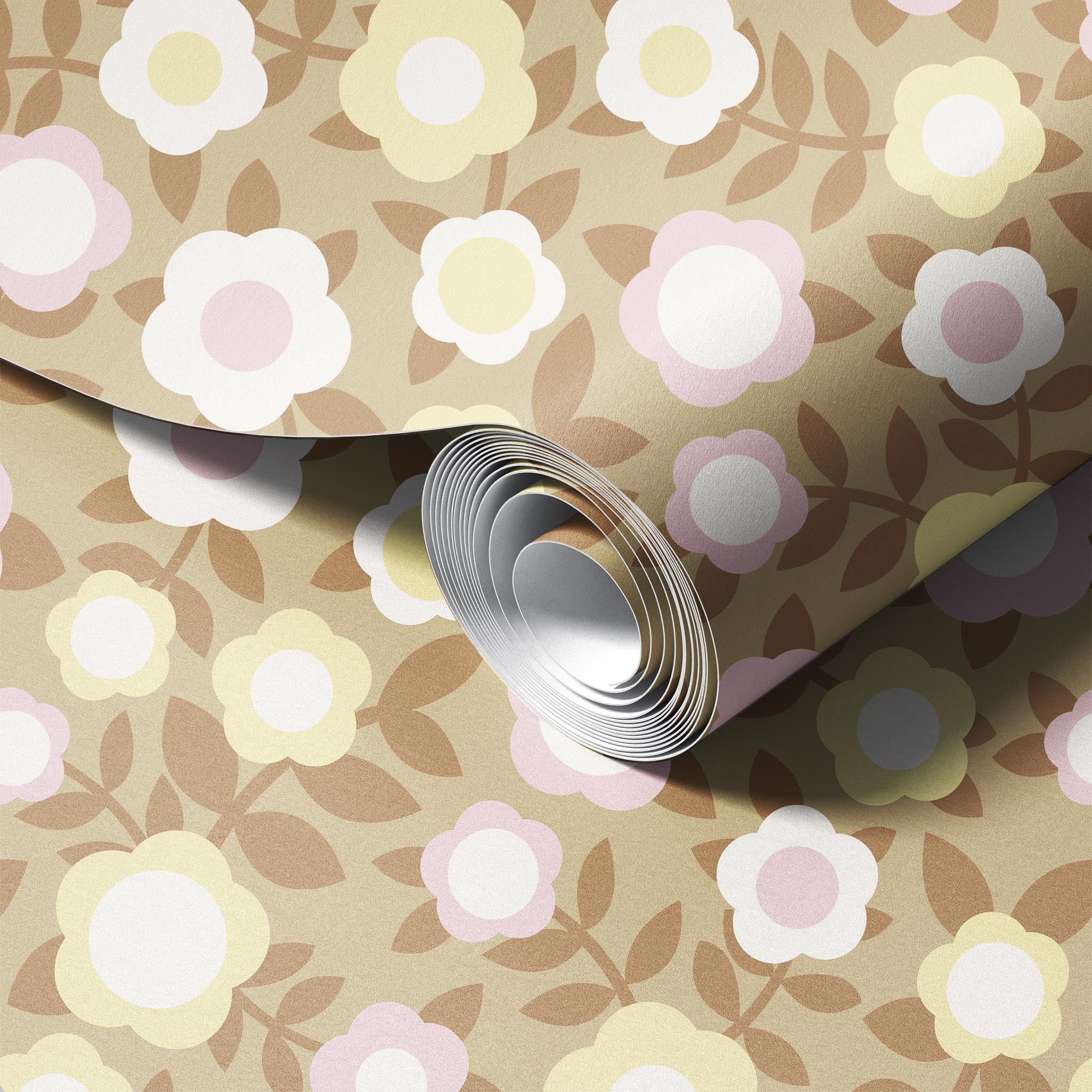 Modern Retro Scandinavian Flowers Cream peel and stick wallpaper room mockup